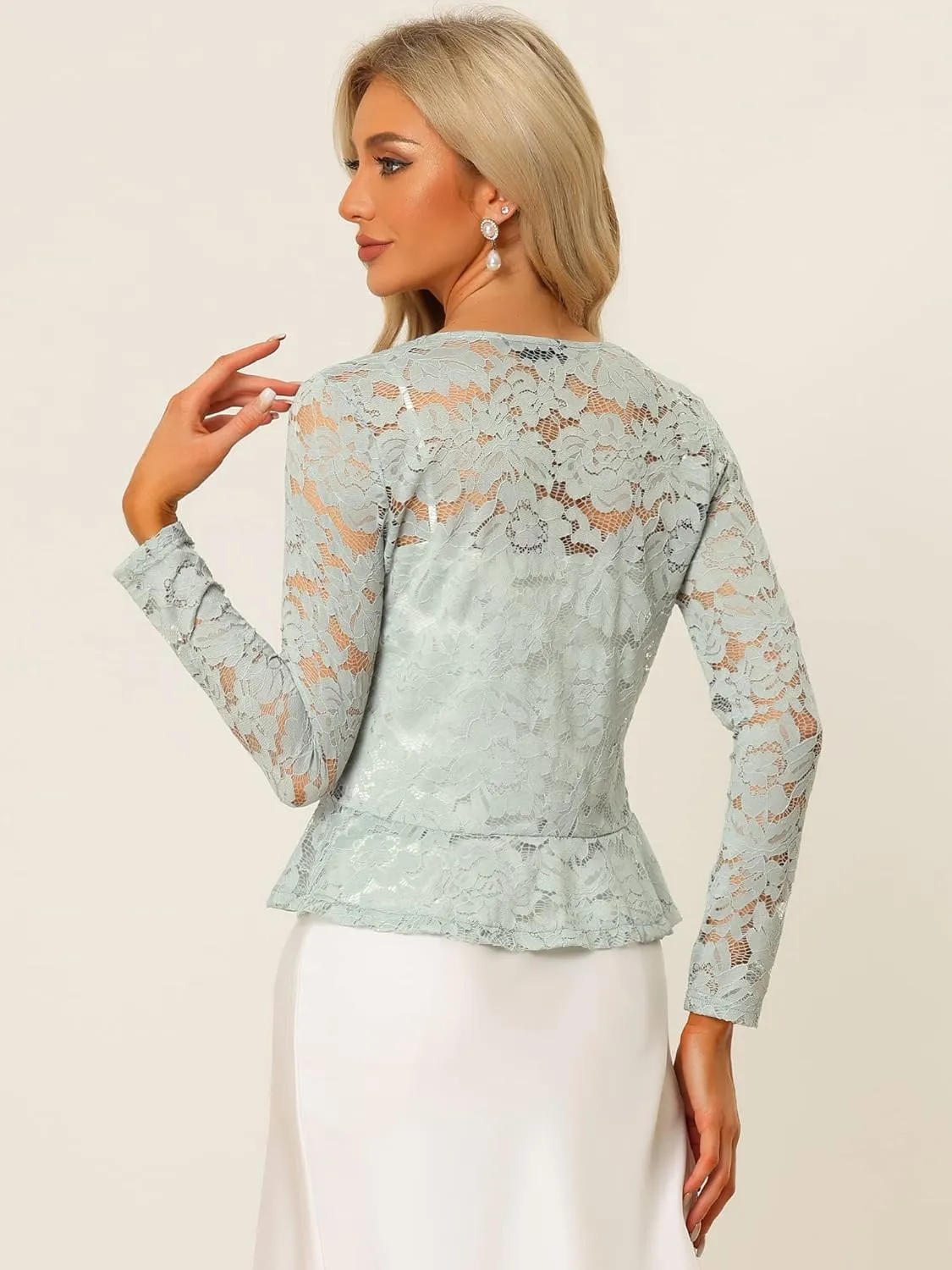 Allegra K Floral Lace Shrug for Women's Tie Front Top Ruffled Hem Office Sheer Crop Bolero Cardigan