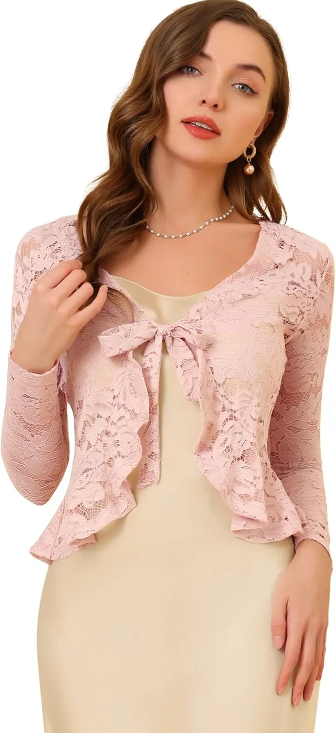 Allegra K Floral Lace Shrug for Women's Tie Front Top Ruffled Hem Office Sheer Crop Bolero Cardigan