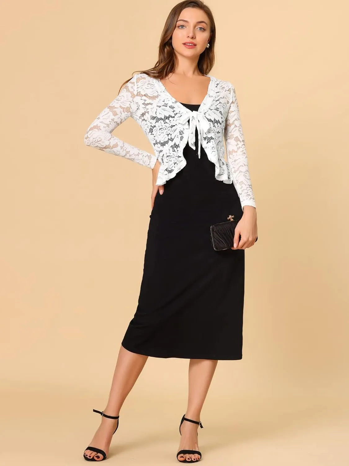 Allegra K Floral Lace Shrug for Women's Tie Front Top Ruffled Hem Office Sheer Crop Bolero Cardigan