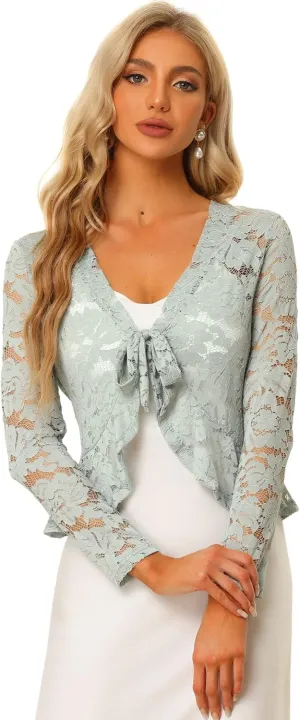 Allegra K Floral Lace Shrug for Women's Tie Front Top Ruffled Hem Office Sheer Crop Bolero Cardigan