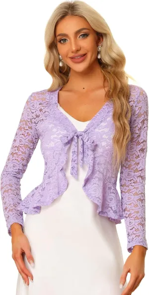 Allegra K Floral Lace Shrug for Women's Tie Front Top Ruffled Hem Office Sheer Crop Bolero Cardigan