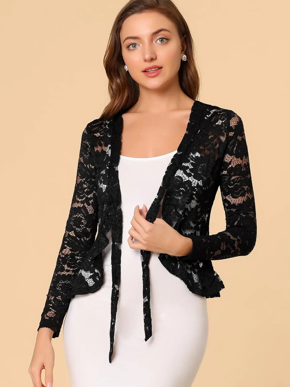 Allegra K Floral Lace Shrug for Women's Tie Front Top Ruffled Hem Office Sheer Crop Bolero Cardigan