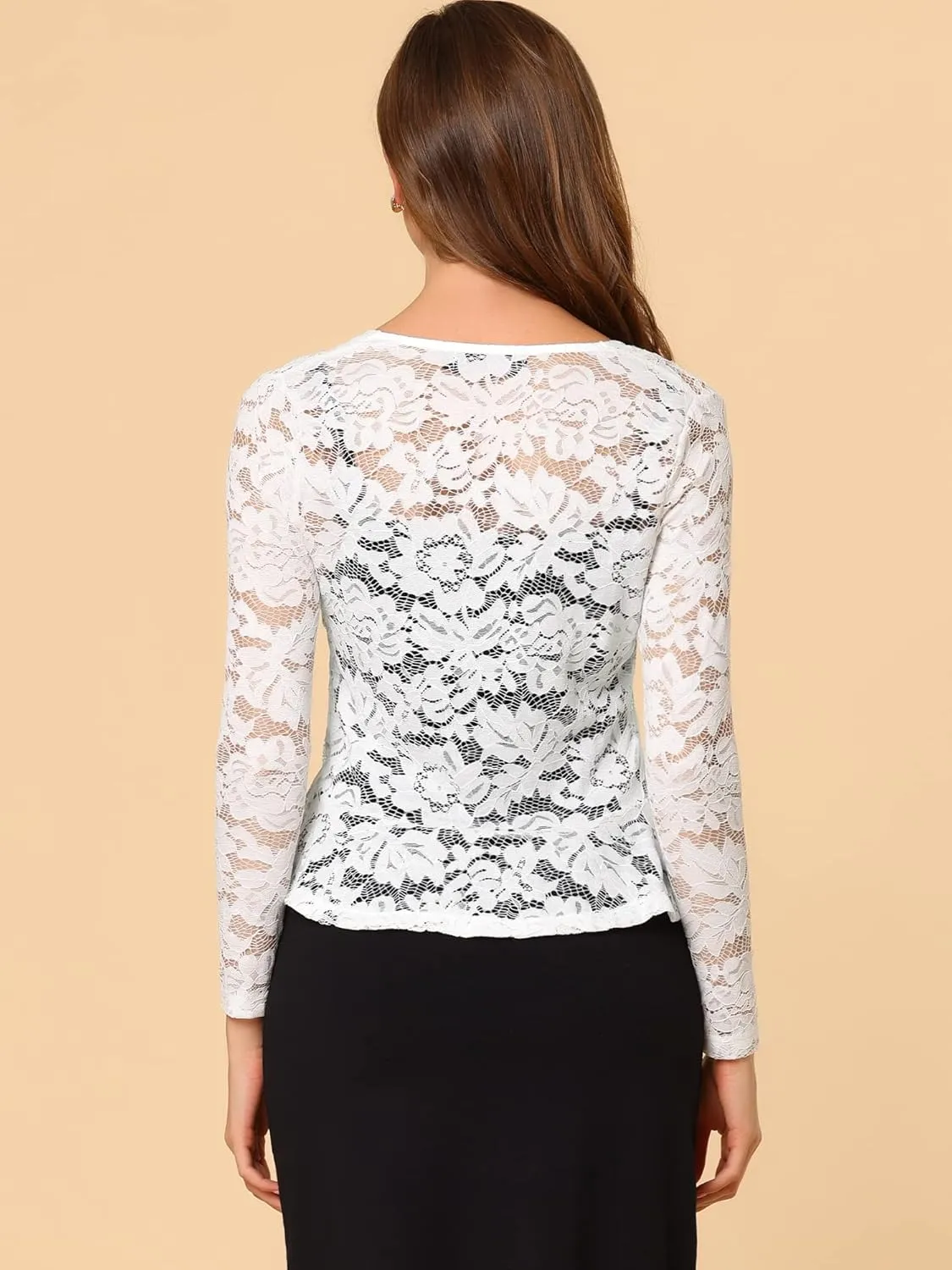 Allegra K Floral Lace Shrug for Women's Tie Front Top Ruffled Hem Office Sheer Crop Bolero Cardigan