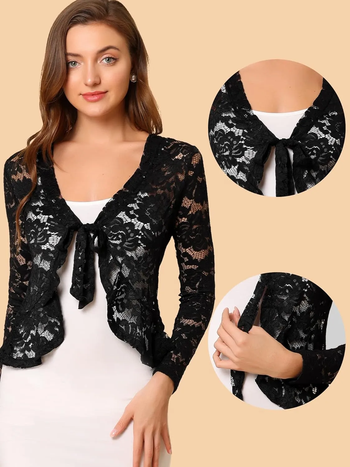 Allegra K Floral Lace Shrug for Women's Tie Front Top Ruffled Hem Office Sheer Crop Bolero Cardigan