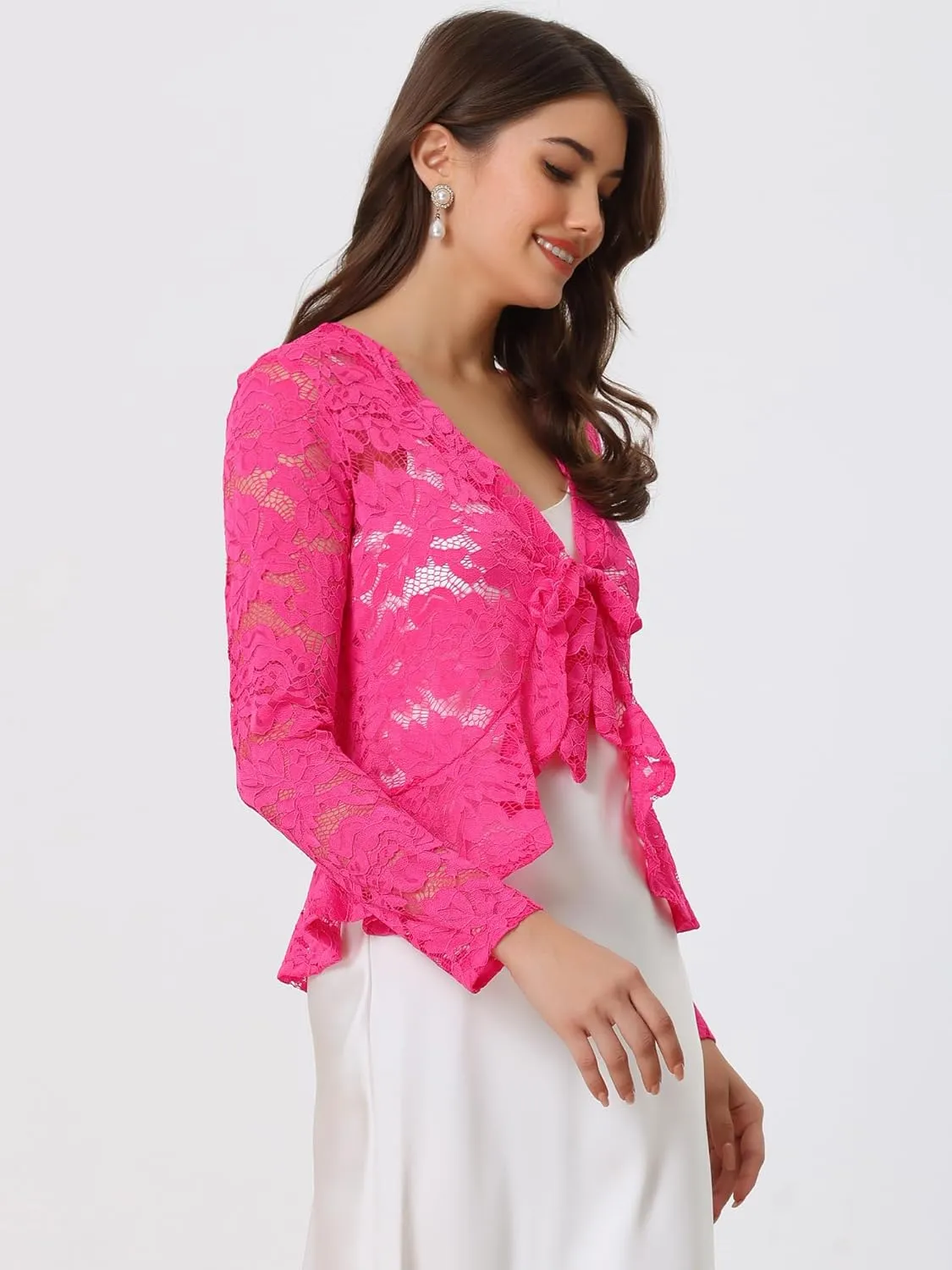 Allegra K Floral Lace Shrug for Women's Tie Front Top Ruffled Hem Office Sheer Crop Bolero Cardigan