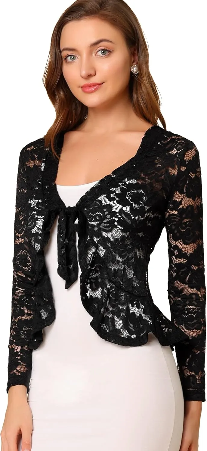 Allegra K Floral Lace Shrug for Women's Tie Front Top Ruffled Hem Office Sheer Crop Bolero Cardigan