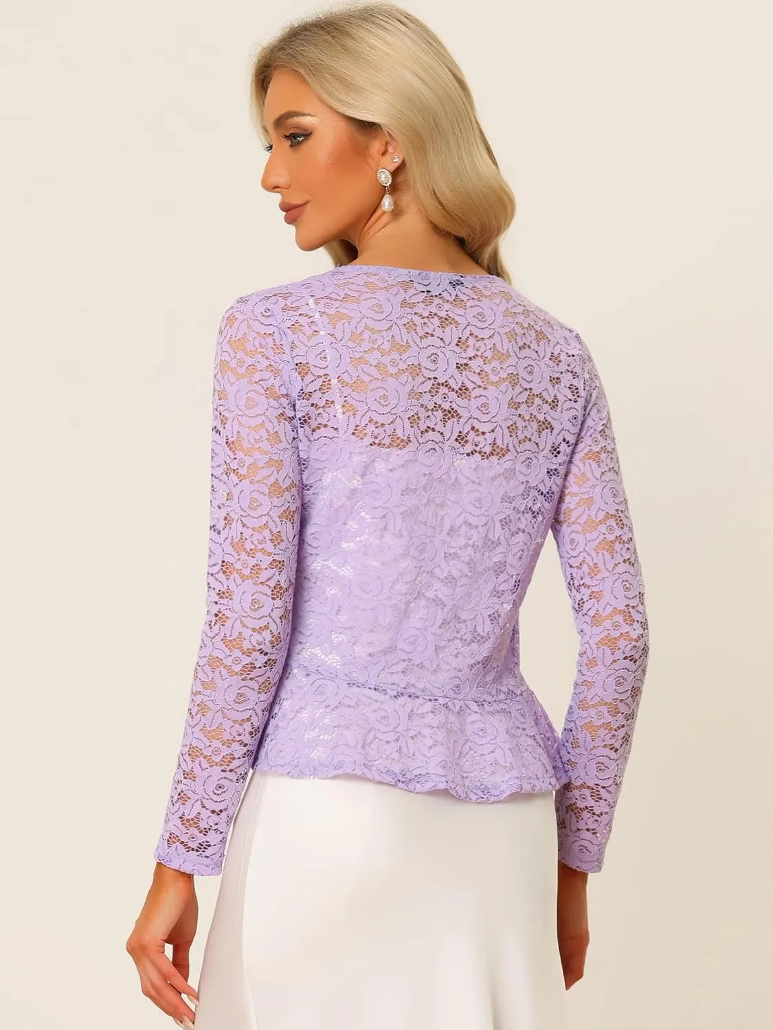 Allegra K Floral Lace Shrug for Women's Tie Front Top Ruffled Hem Office Sheer Crop Bolero Cardigan
