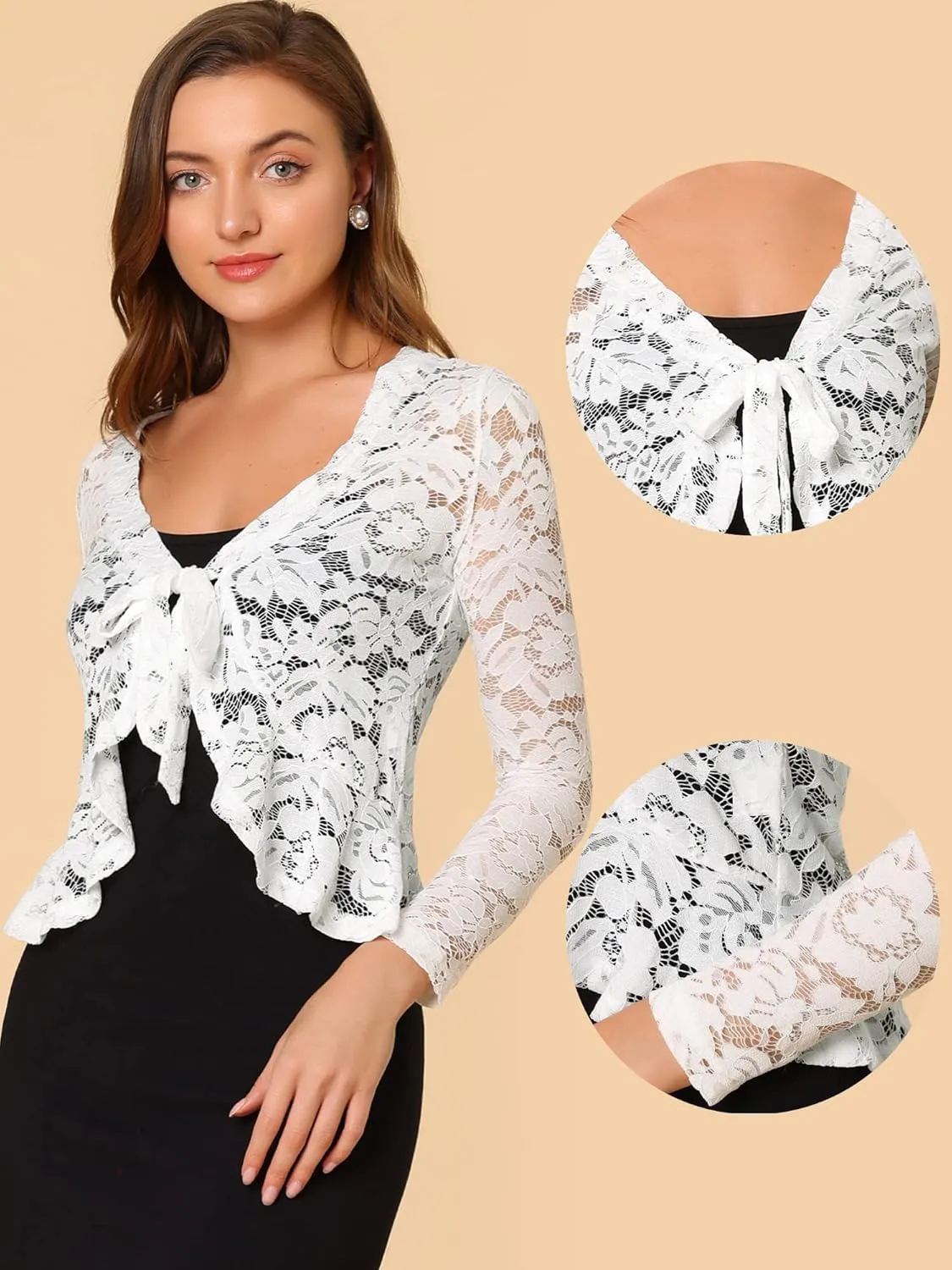 Allegra K Floral Lace Shrug for Women's Tie Front Top Ruffled Hem Office Sheer Crop Bolero Cardigan