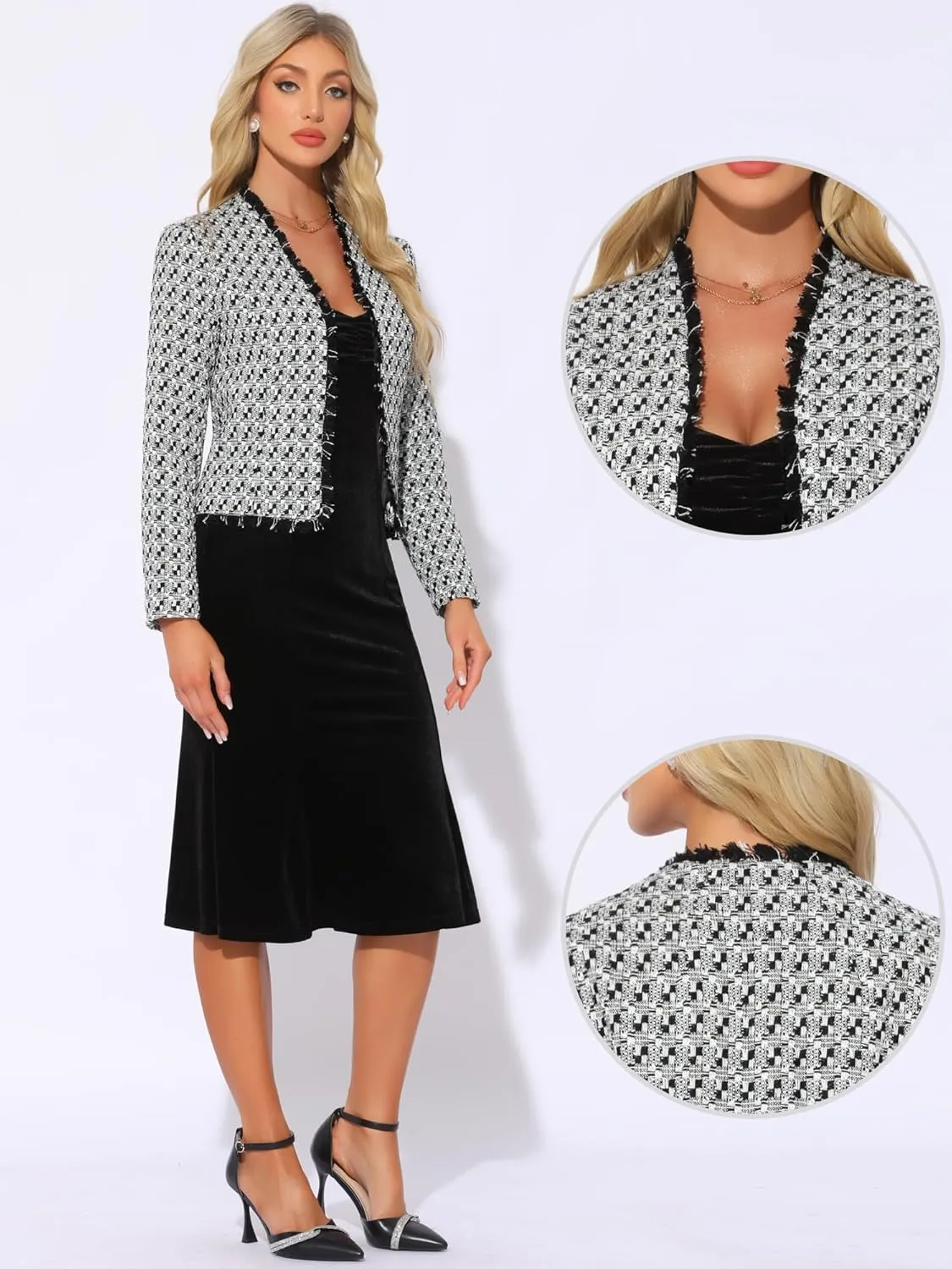 Allegra K Plaid Tweed Blazer for Women's Long Sleeve Open Front Work Office Jacket
