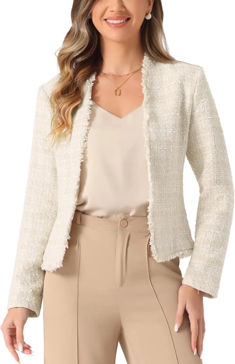 Allegra K Plaid Tweed Blazer for Women's Long Sleeve Open Front Work Office Jacket