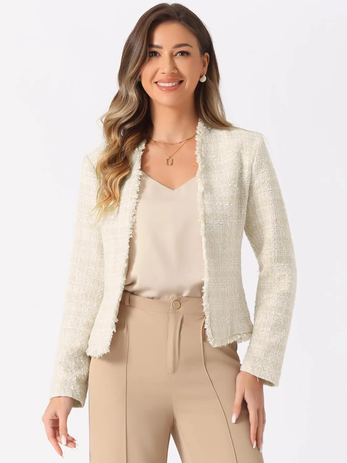 Allegra K Plaid Tweed Blazer for Women's Long Sleeve Open Front Work Office Jacket