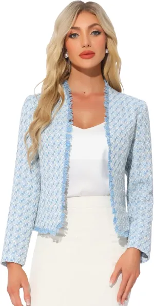 Allegra K Plaid Tweed Blazer for Women's Long Sleeve Open Front Work Office Jacket
