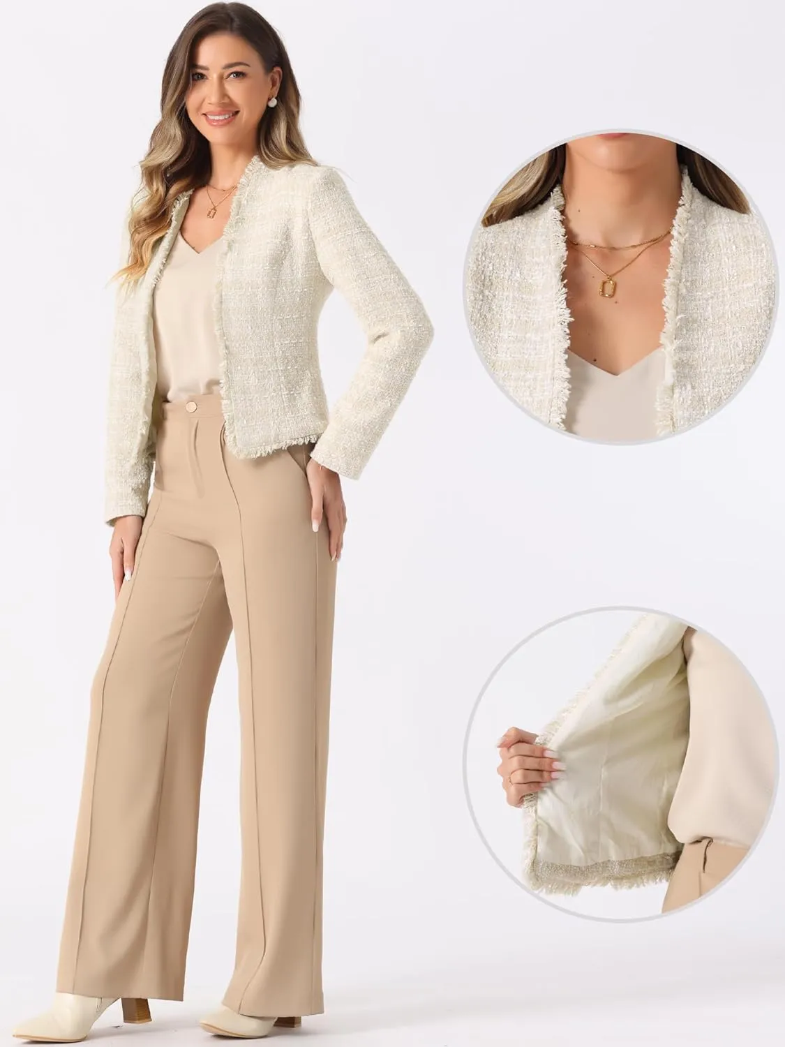 Allegra K Plaid Tweed Blazer for Women's Long Sleeve Open Front Work Office Jacket