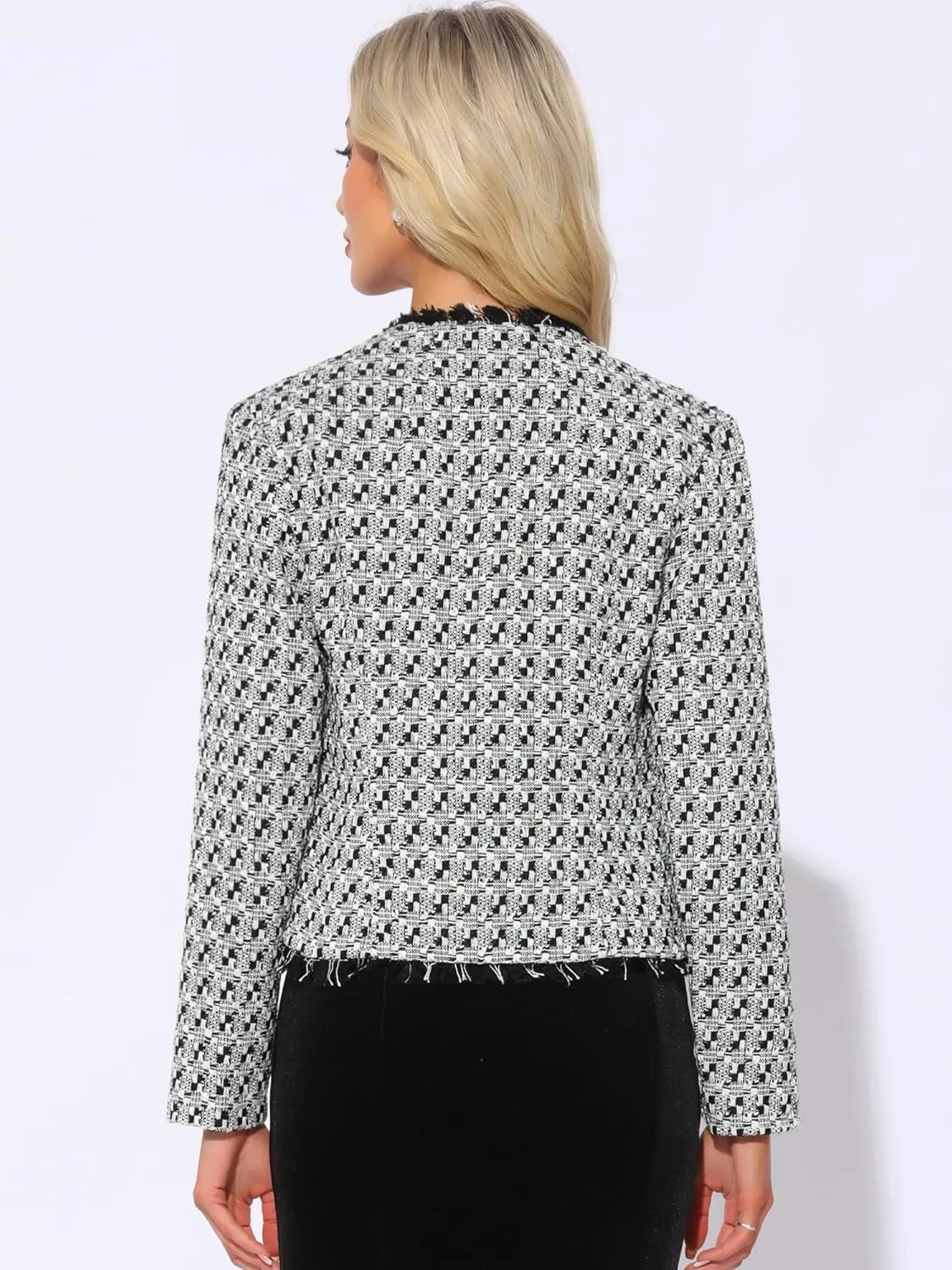 Allegra K Plaid Tweed Blazer for Women's Long Sleeve Open Front Work Office Jacket
