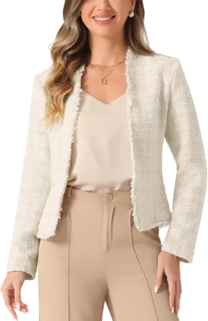 Allegra K Plaid Tweed Blazer for Women's Long Sleeve Open Front Work Office Jacket