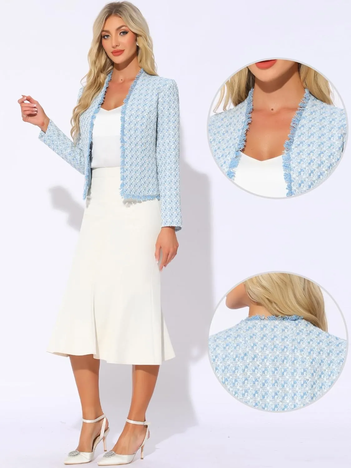 Allegra K Plaid Tweed Blazer for Women's Long Sleeve Open Front Work Office Jacket