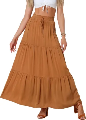 Allegra K Summer Maxi Skirt for Women's Elastic Waist Flowy Casual Boho Long Skirts