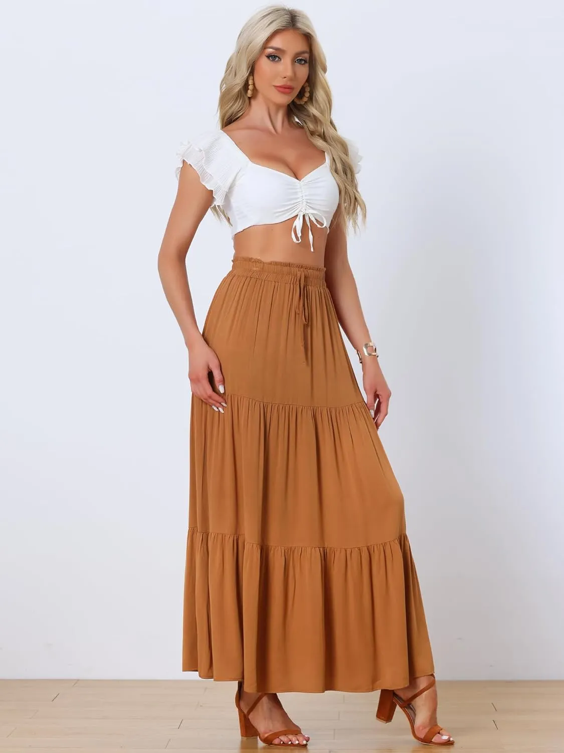 Allegra K Summer Maxi Skirt for Women's Elastic Waist Flowy Casual Boho Long Skirts