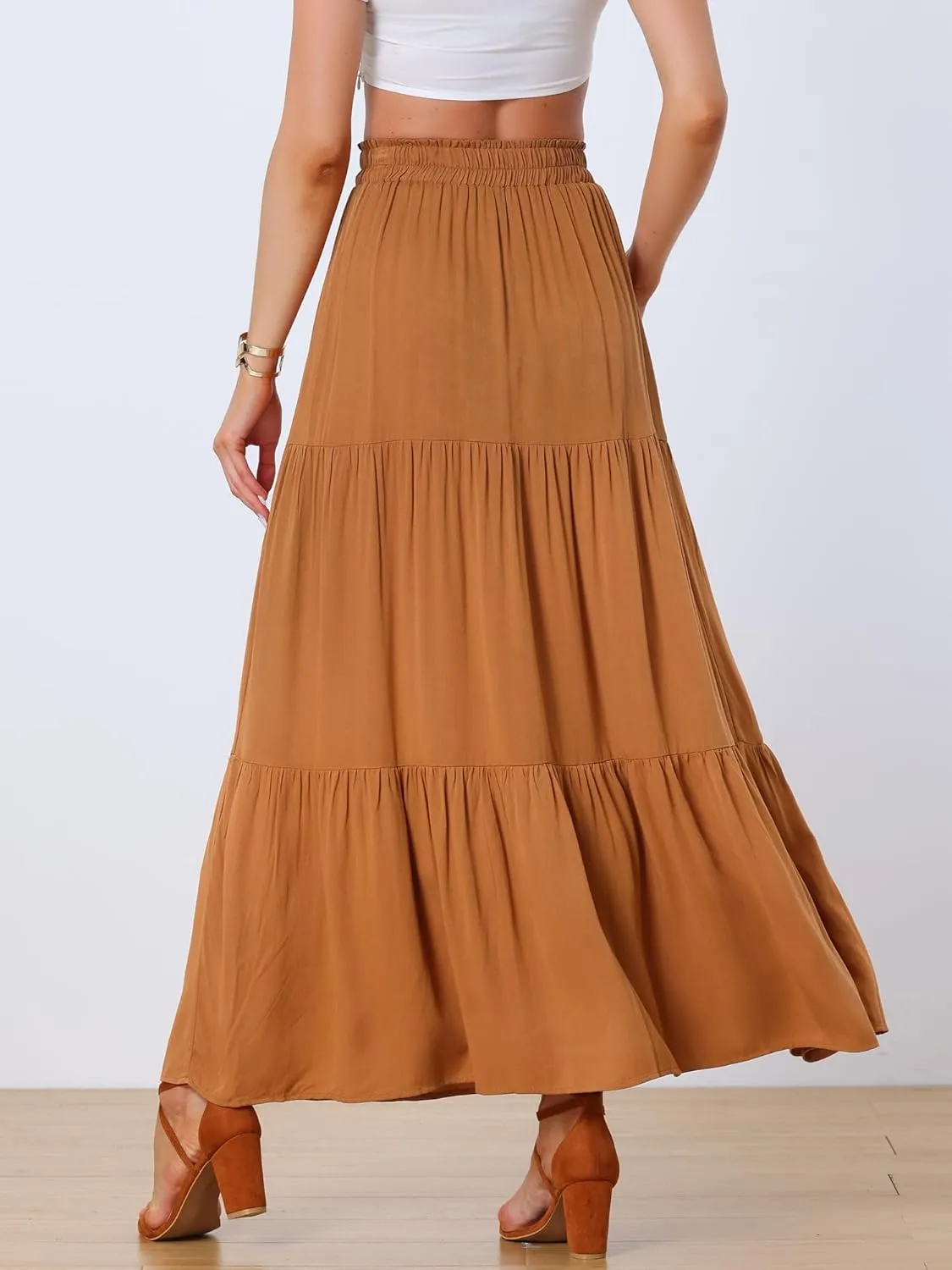 Allegra K Summer Maxi Skirt for Women's Elastic Waist Flowy Casual Boho Long Skirts