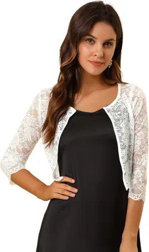 Allegra K Women's Lace Cardigan Open Front Lace Shrug Elegant Sheer Floral Cropped Bolero Lace Tops