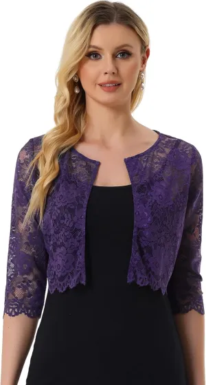 Allegra K Women's Lace Cardigan Open Front Lace Shrug Elegant Sheer Floral Cropped Bolero Lace Tops