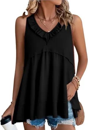AlvaQ Womens Summer V Neck Tank Top Loose Fit Flowy Shirt Casual Ruffle Sleeveless Tops
