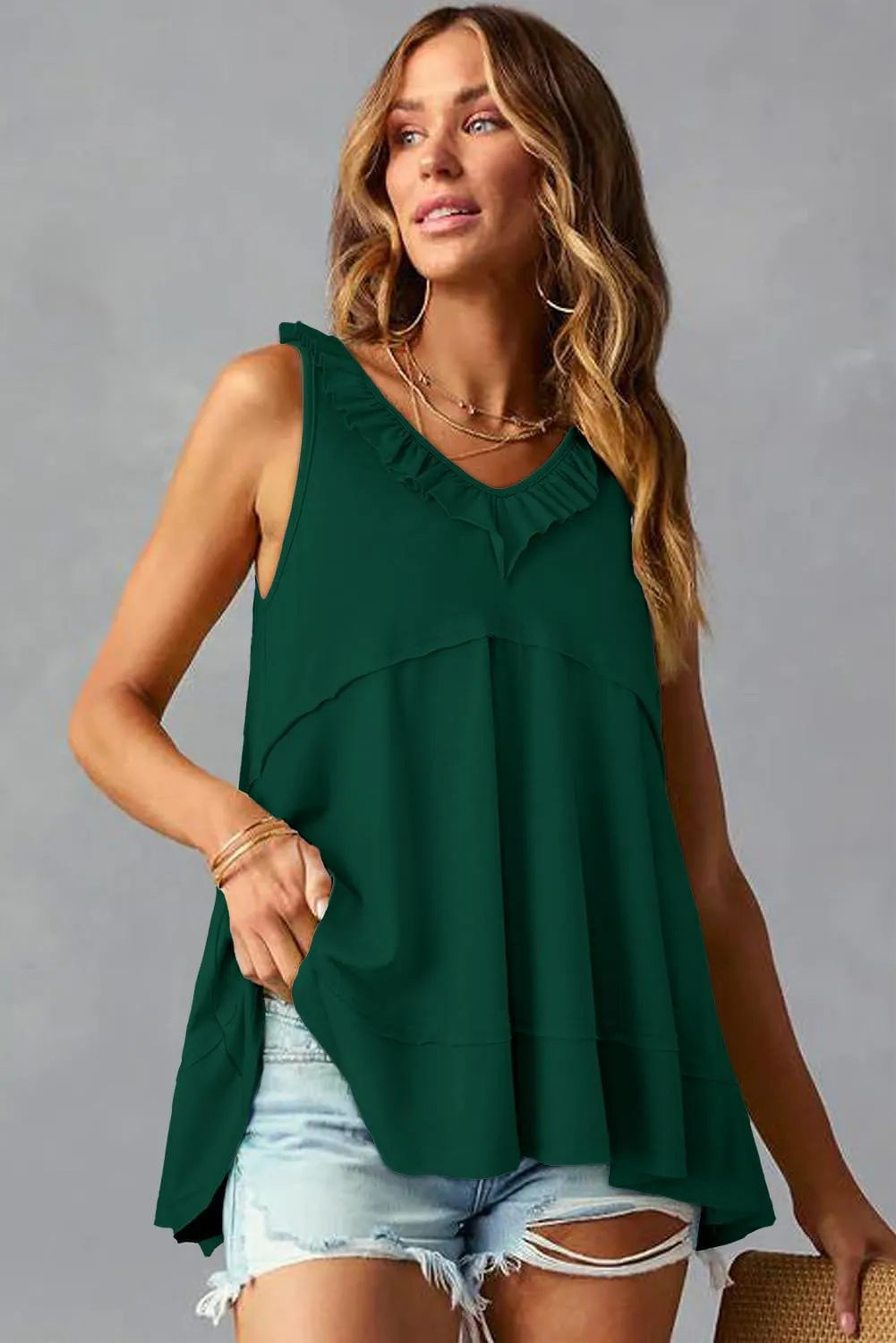 AlvaQ Womens Summer V Neck Tank Top Loose Fit Flowy Shirt Casual Ruffle Sleeveless Tops