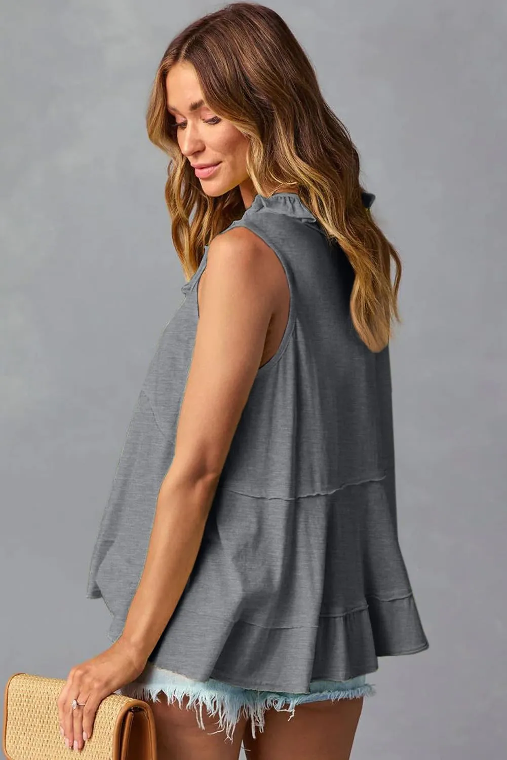 AlvaQ Womens Summer V Neck Tank Top Loose Fit Flowy Shirt Casual Ruffle Sleeveless Tops