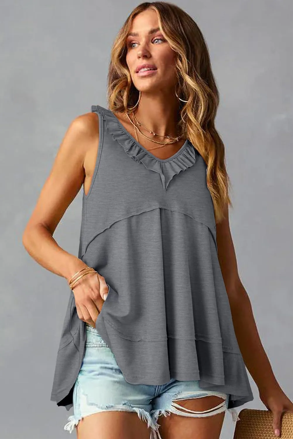 AlvaQ Womens Summer V Neck Tank Top Loose Fit Flowy Shirt Casual Ruffle Sleeveless Tops