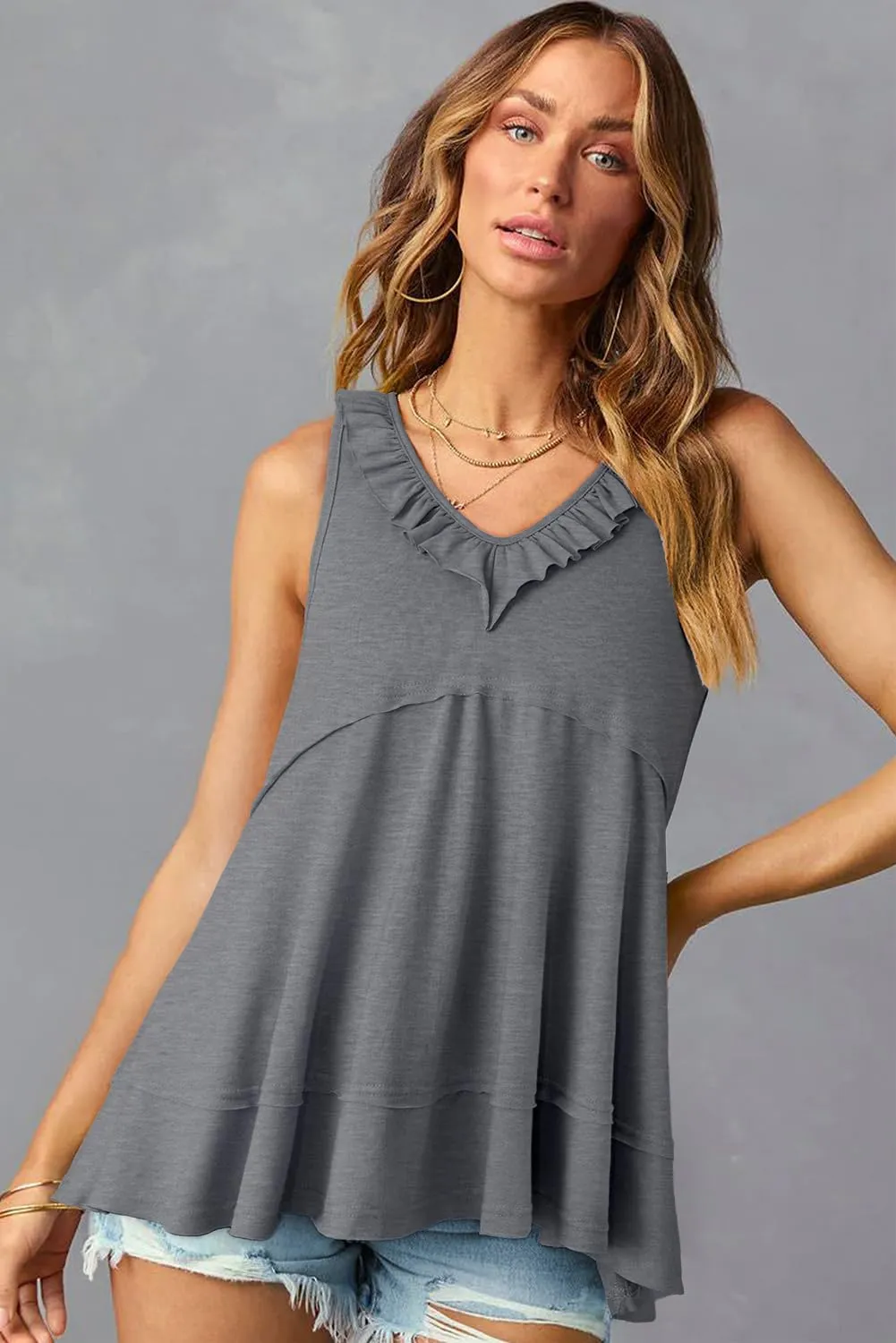 AlvaQ Womens Summer V Neck Tank Top Loose Fit Flowy Shirt Casual Ruffle Sleeveless Tops