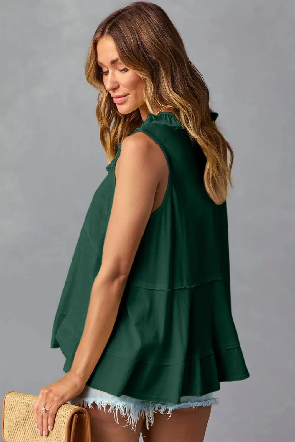 AlvaQ Womens Summer V Neck Tank Top Loose Fit Flowy Shirt Casual Ruffle Sleeveless Tops