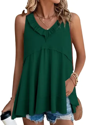 AlvaQ Womens Summer V Neck Tank Top Loose Fit Flowy Shirt Casual Ruffle Sleeveless Tops
