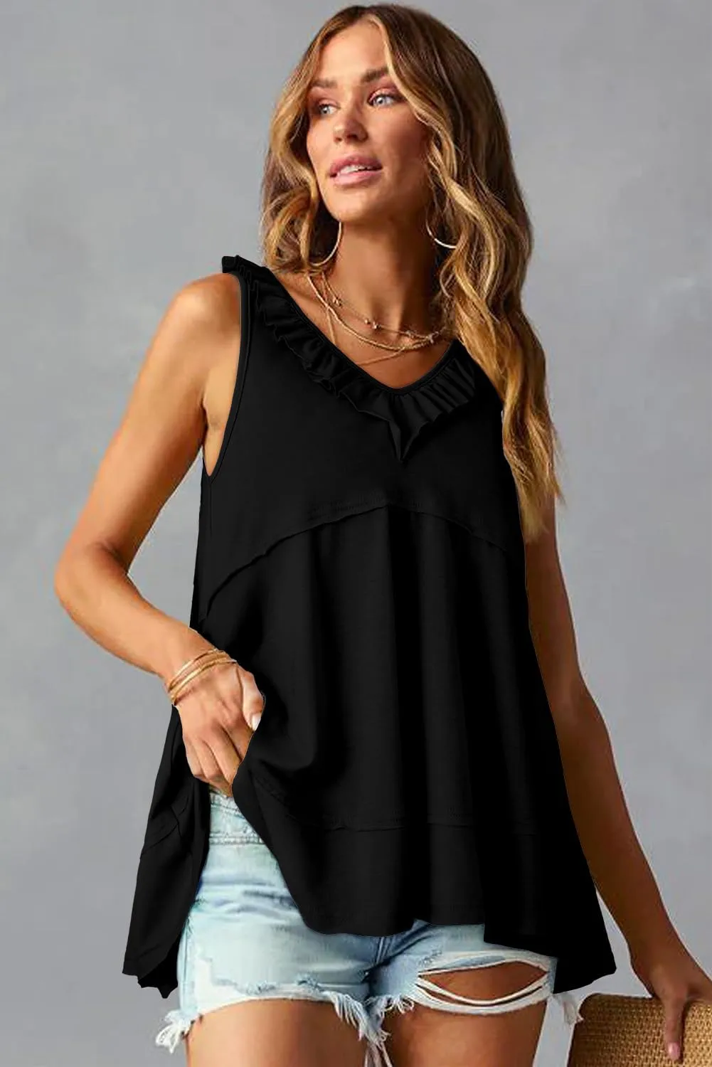 AlvaQ Womens Summer V Neck Tank Top Loose Fit Flowy Shirt Casual Ruffle Sleeveless Tops