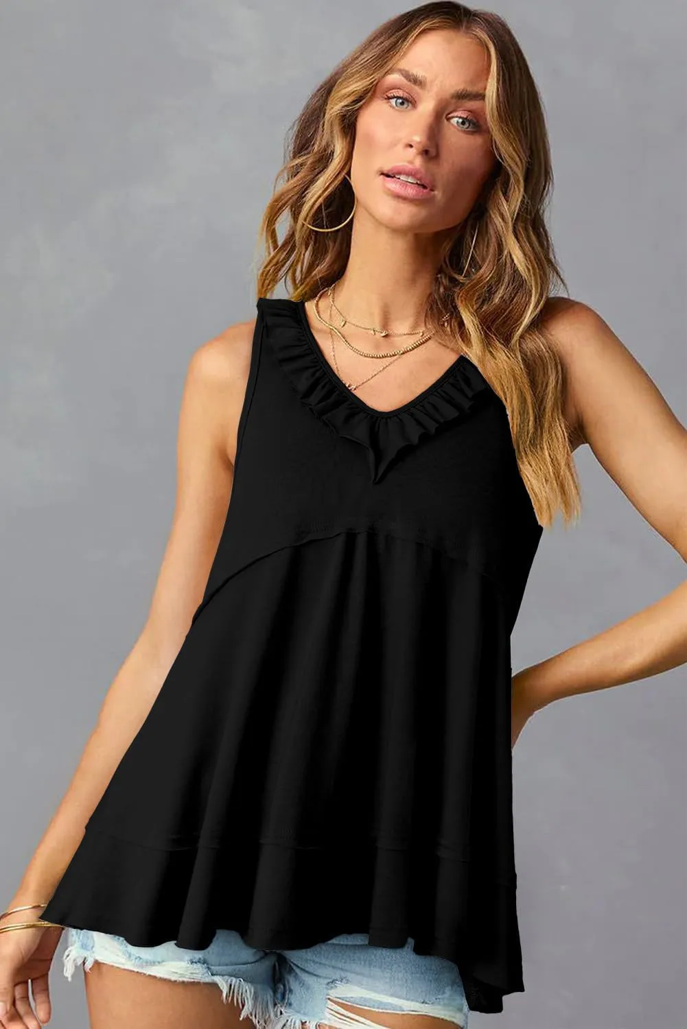 AlvaQ Womens Summer V Neck Tank Top Loose Fit Flowy Shirt Casual Ruffle Sleeveless Tops