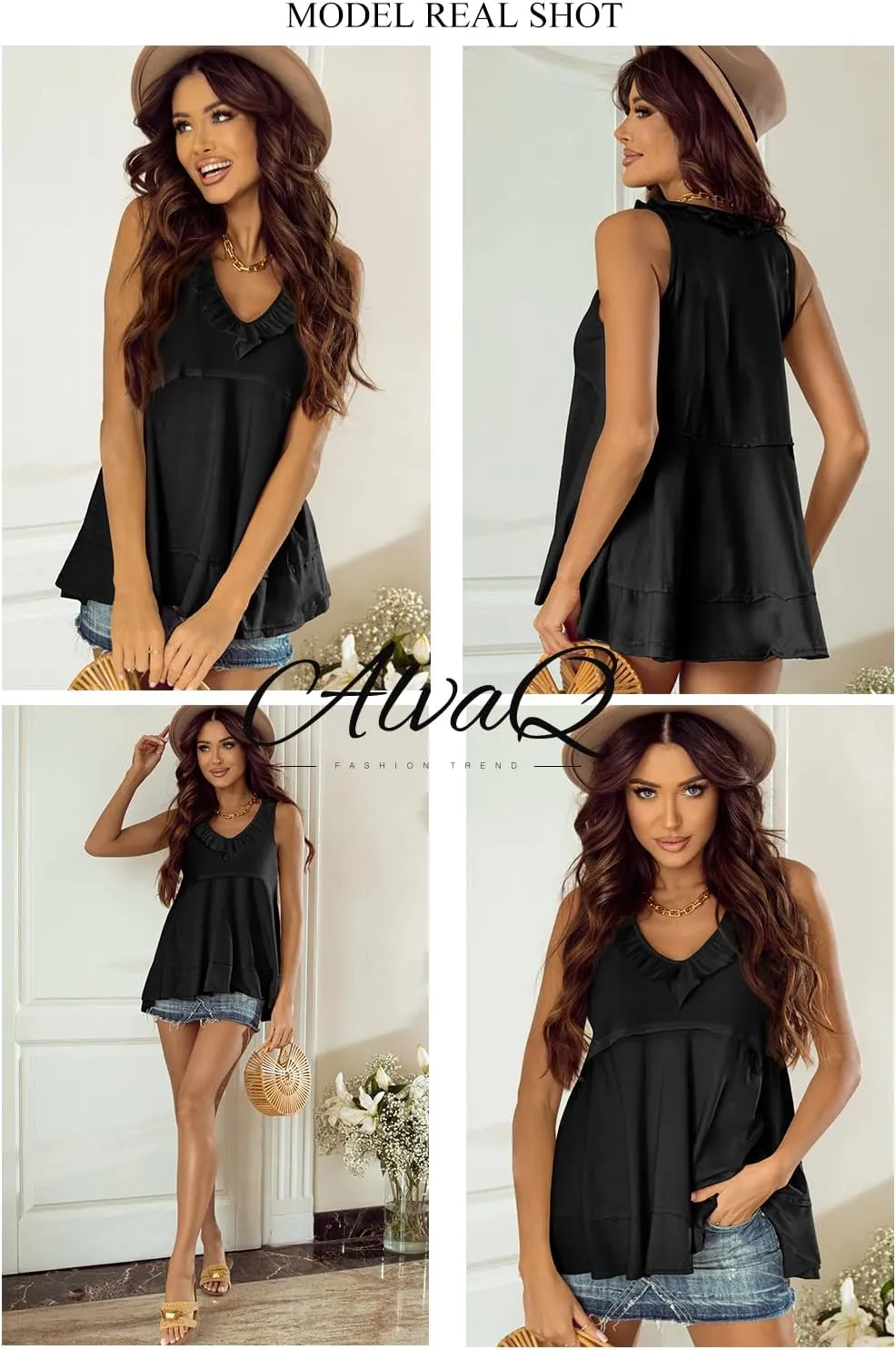 AlvaQ Womens Summer V Neck Tank Top Loose Fit Flowy Shirt Casual Ruffle Sleeveless Tops