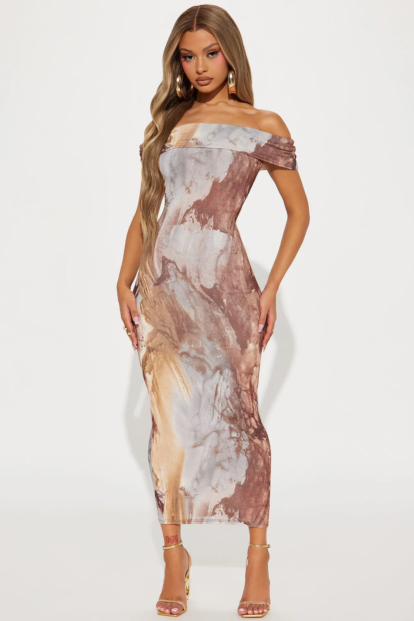 Amelia Slinky Midi Dress - Brown/combo