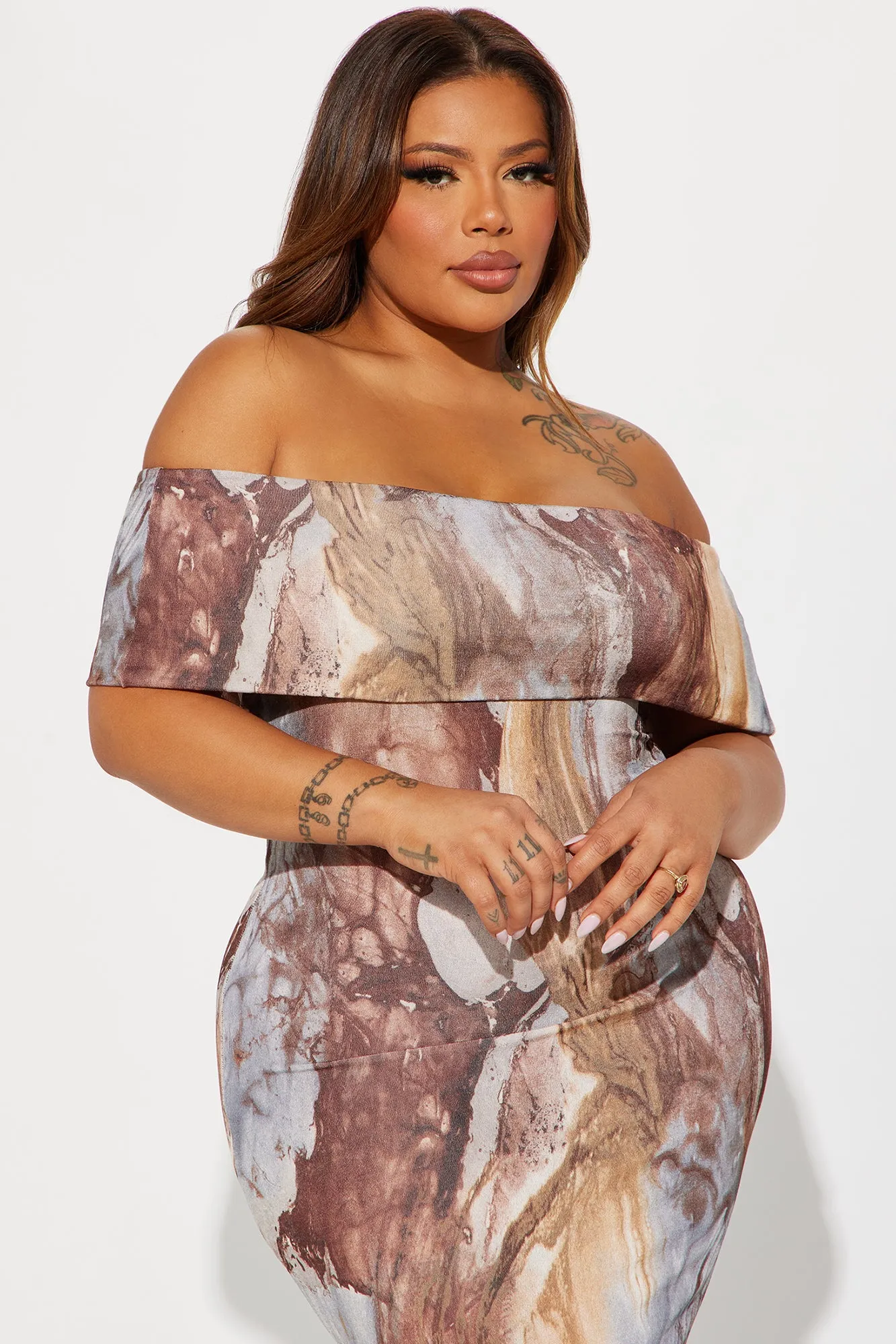 Amelia Slinky Midi Dress - Brown/combo
