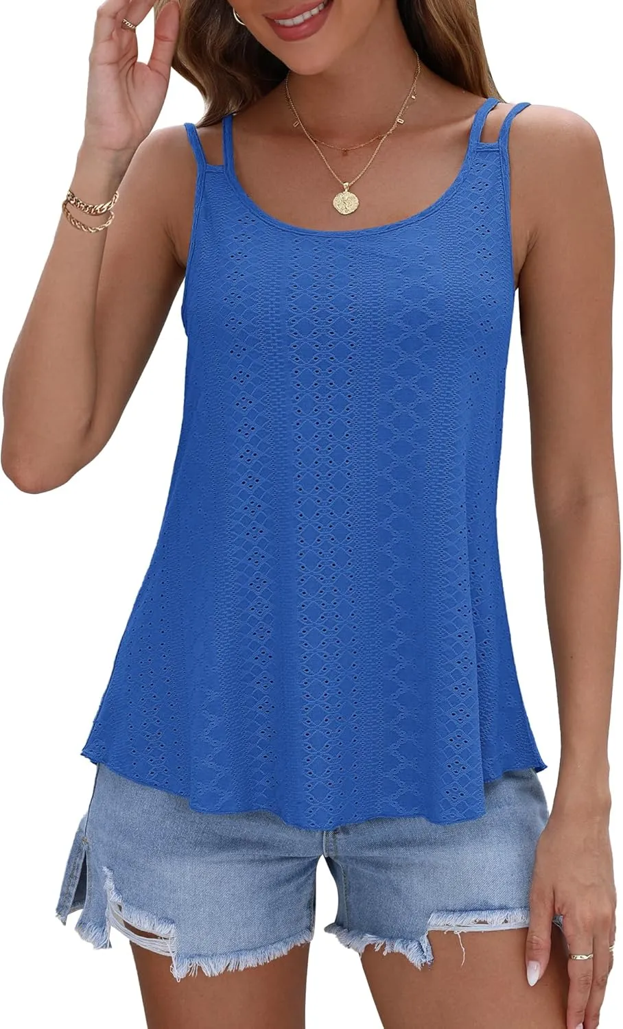 AUSELILY Womens 2025 Trendy Summer Tank Tops Casual Ladies Eyelet Embroidery Loose Fit Sleeveless Scoop Neck Hollow Camisoles