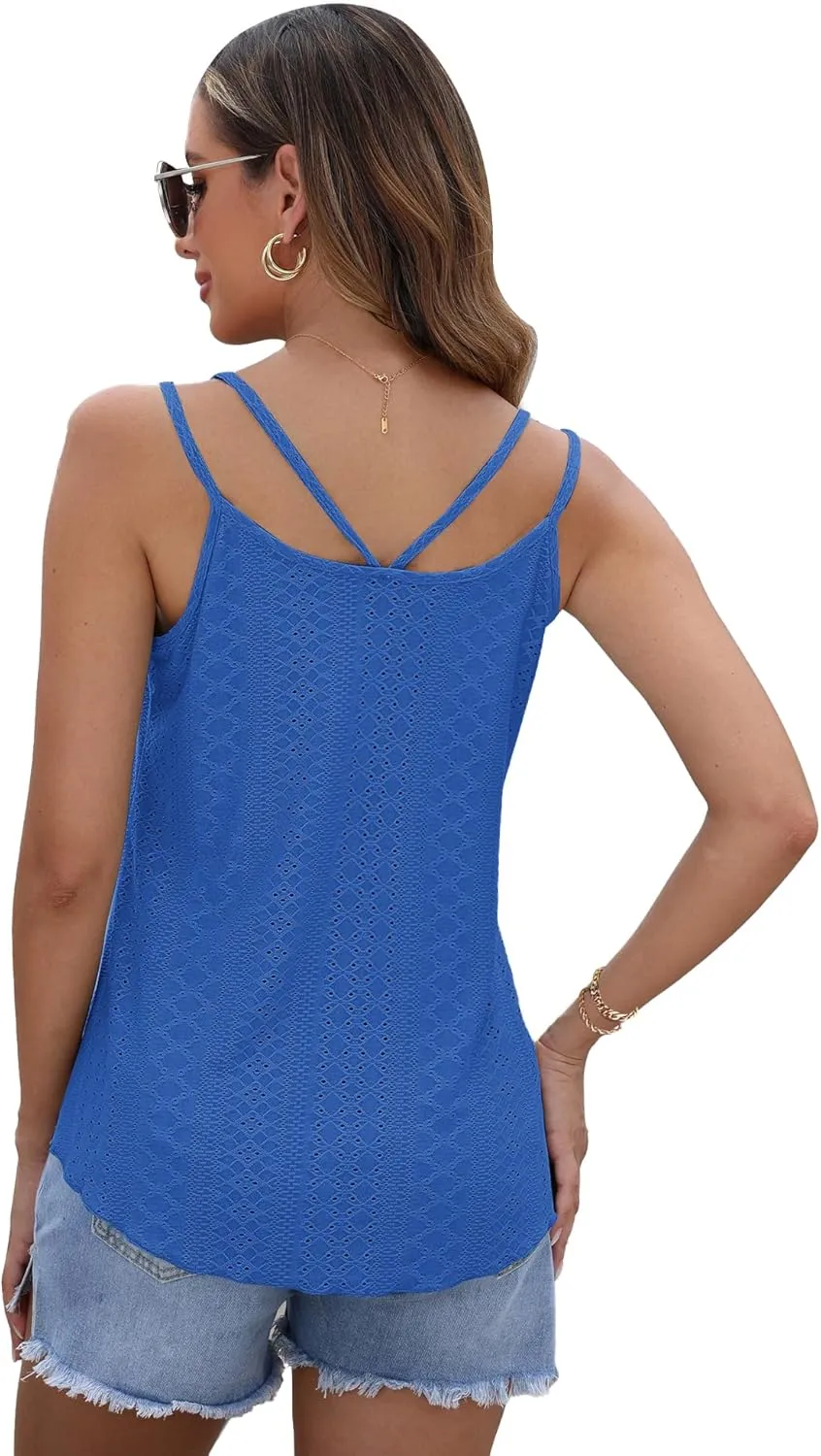 AUSELILY Womens 2025 Trendy Summer Tank Tops Casual Ladies Eyelet Embroidery Loose Fit Sleeveless Scoop Neck Hollow Camisoles