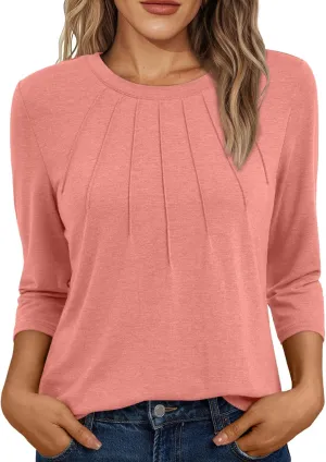 AUTOMET Womens 3/4 Length Sleeve Tops Round Neck Pleated Dressy Casual Basic Shirts Tunic