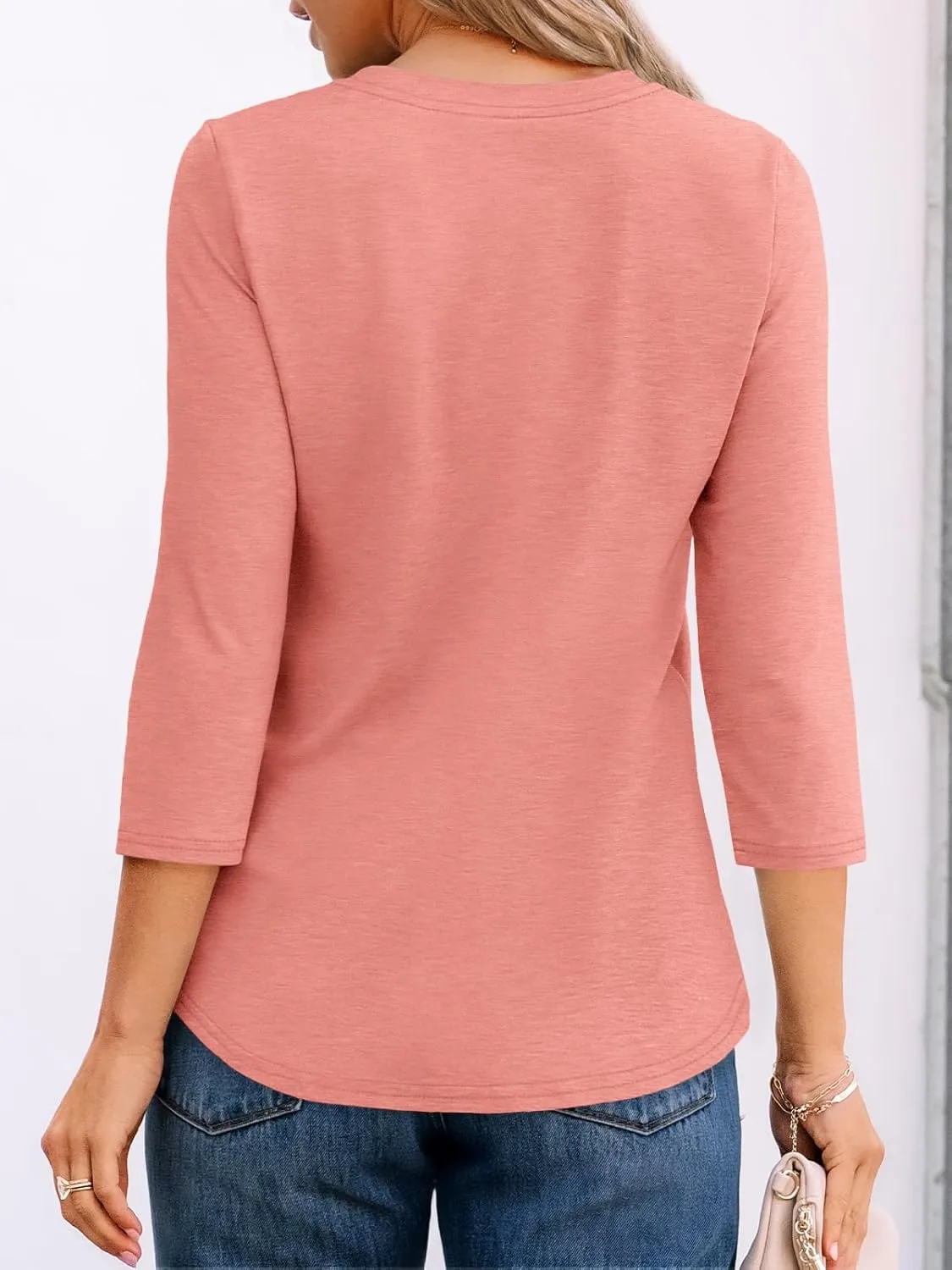 AUTOMET Womens 3/4 Length Sleeve Tops Round Neck Pleated Dressy Casual Basic Shirts Tunic