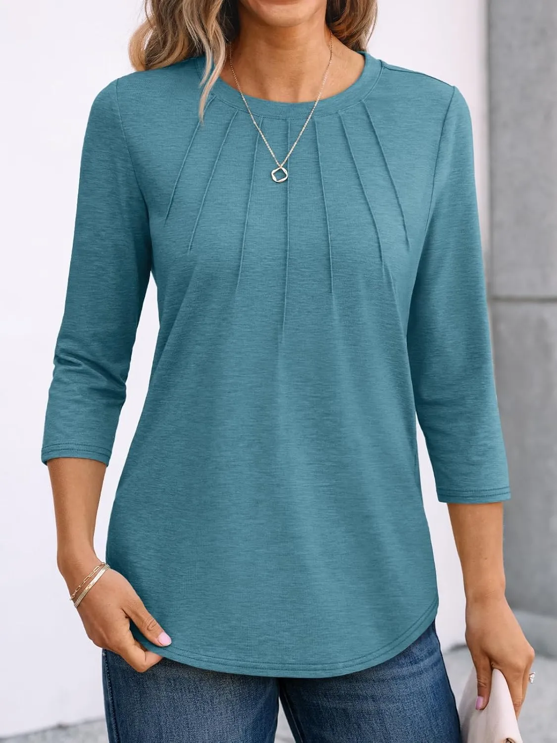 AUTOMET Womens 3/4 Length Sleeve Tops Round Neck Pleated Dressy Casual Basic Shirts Tunic