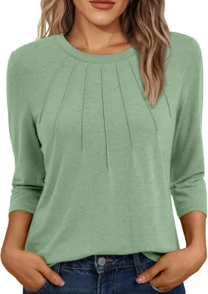 AUTOMET Womens 3/4 Length Sleeve Tops Round Neck Pleated Dressy Casual Basic Shirts Tunic