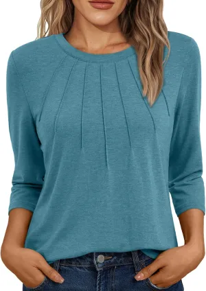 AUTOMET Womens 3/4 Length Sleeve Tops Round Neck Pleated Dressy Casual Basic Shirts Tunic