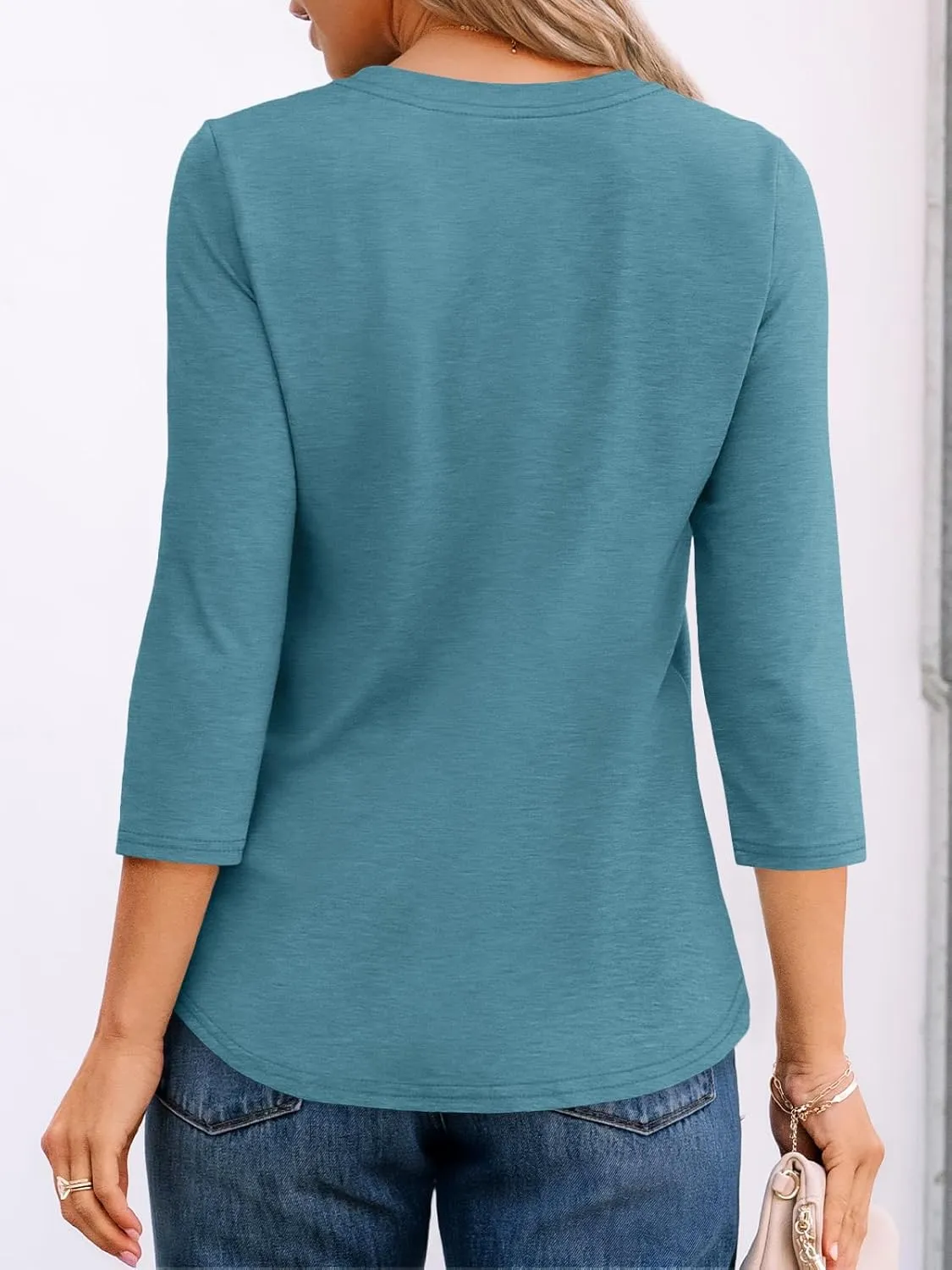 AUTOMET Womens 3/4 Length Sleeve Tops Round Neck Pleated Dressy Casual Basic Shirts Tunic
