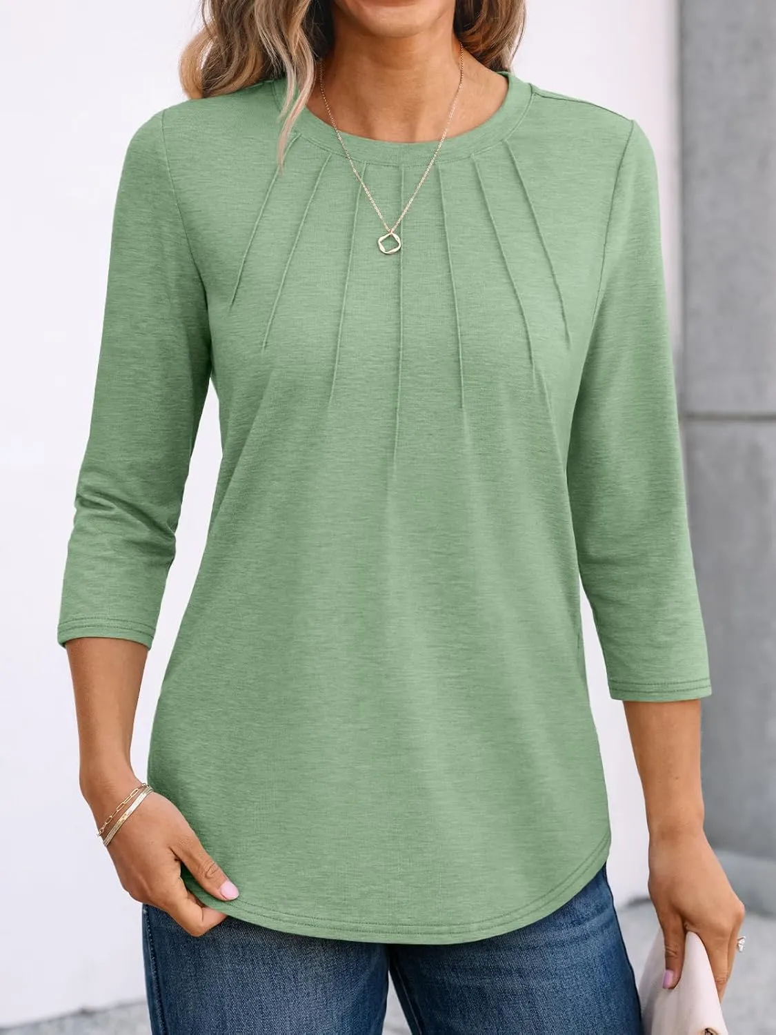 AUTOMET Womens 3/4 Length Sleeve Tops Round Neck Pleated Dressy Casual Basic Shirts Tunic