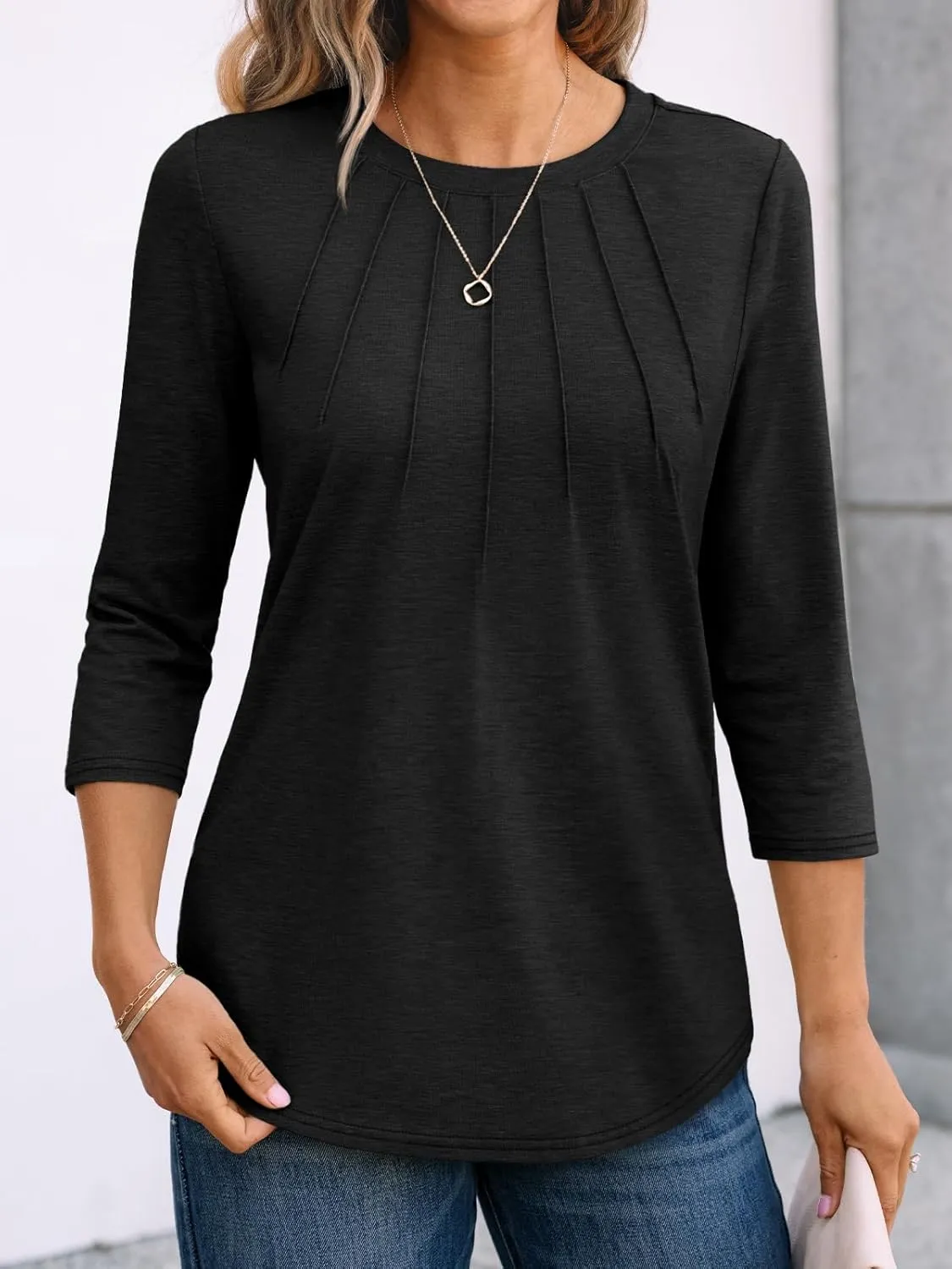 AUTOMET Womens 3/4 Length Sleeve Tops Round Neck Pleated Dressy Casual Basic Shirts Tunic