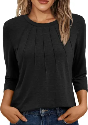 AUTOMET Womens 3/4 Length Sleeve Tops Round Neck Pleated Dressy Casual Basic Shirts Tunic