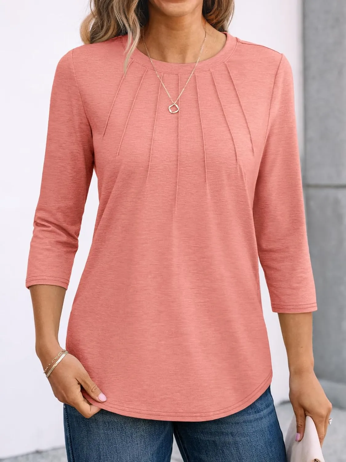 AUTOMET Womens 3/4 Length Sleeve Tops Round Neck Pleated Dressy Casual Basic Shirts Tunic