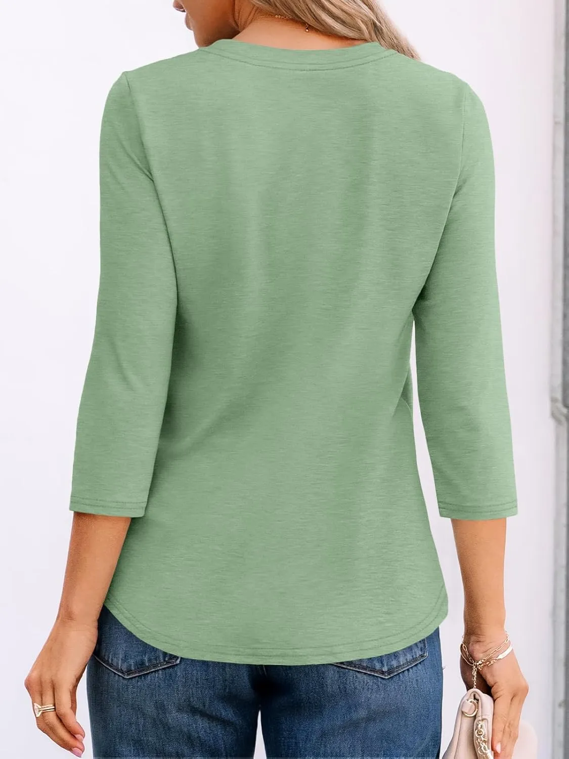 AUTOMET Womens 3/4 Length Sleeve Tops Round Neck Pleated Dressy Casual Basic Shirts Tunic